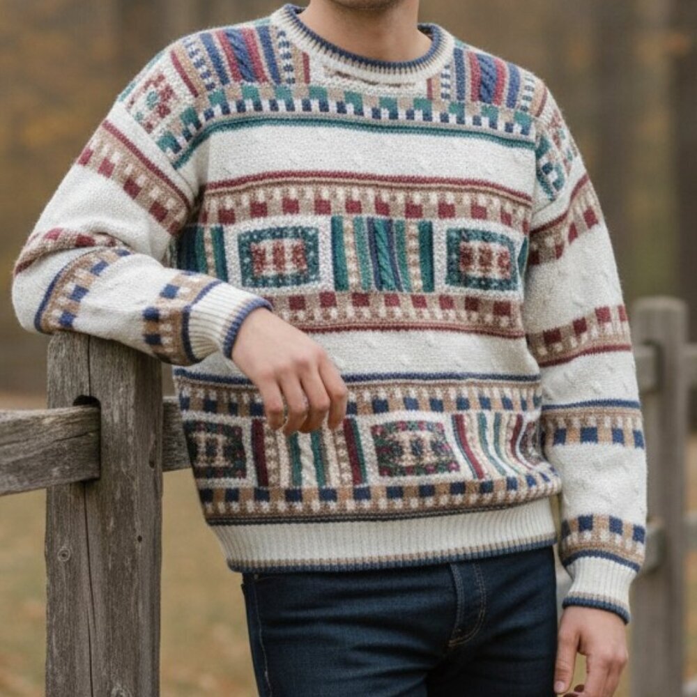 Vintage Northern Isles Hand Knit Sweater Geometric Stripe Ramie Cotton M